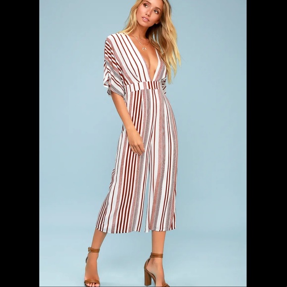 NWOT Lulu’s Hook, Line, and Sinker Rust Red Striped Jumpsuit - XS - Picture 2 of 4